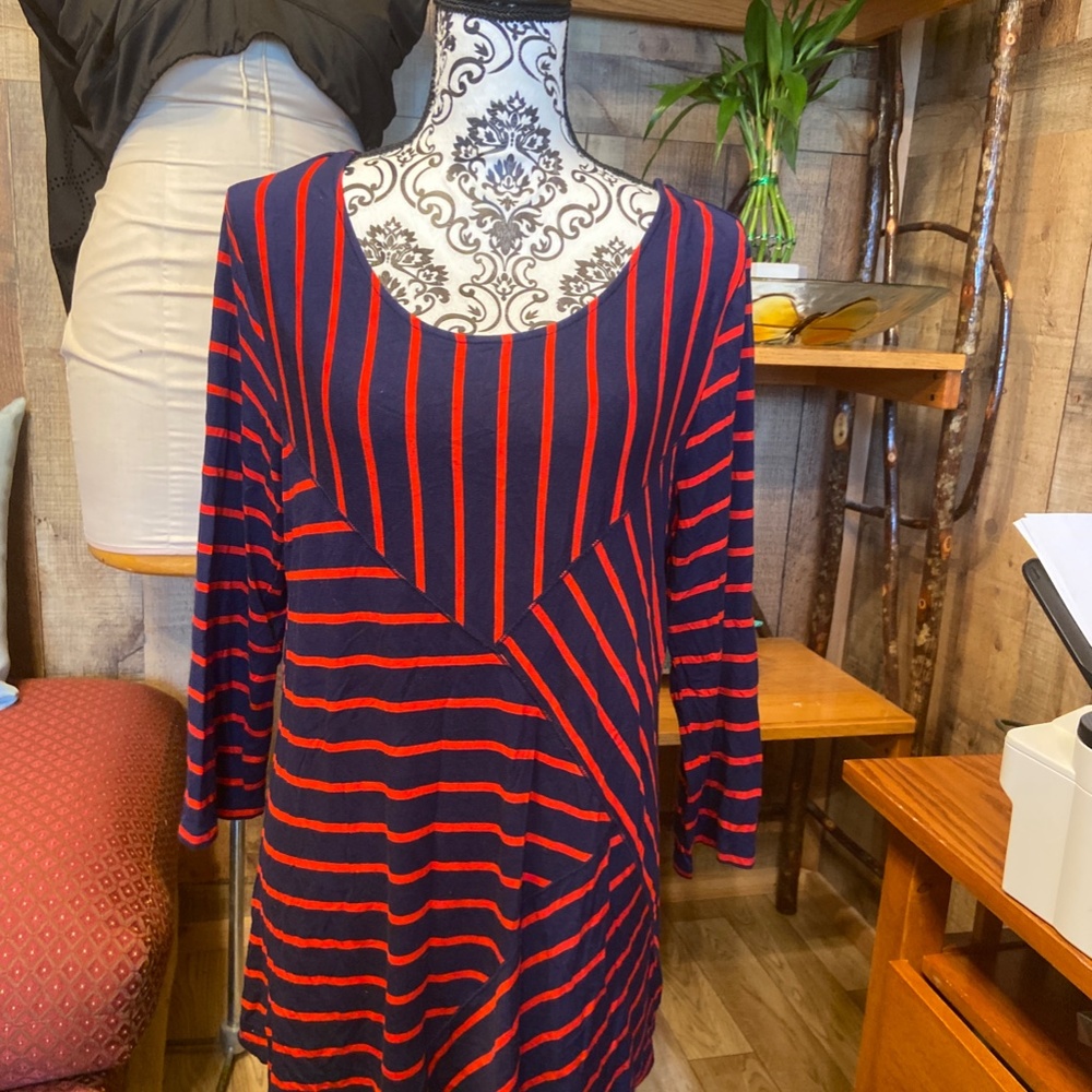 WOMEN'S SIZE XL RED NAVY LONG TUNIC TOP BLOUSE STRIPED - Picture 4 of 5